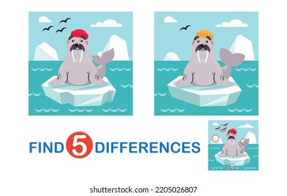 Find differences. Walrus on ice. Educational mini games for children, learning