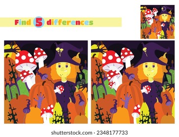 Find the differences. A witch among mushrooms, hairy hands, branches, taverns. Halloween illustration.