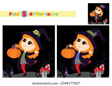 Find the differences.A little red-haired witch cheerfully runs with a basket of pumpkins for sweets against the backdrop of bushes and fly agaric mushrooms. Halloween character in cartoon style.