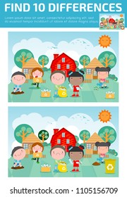 find differences,Game for kids ,find differences,Brain games, children game, Educational Game for Preschool Children, Vector Illustration, Children collect rubbish for recycling, Save the World