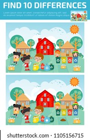find differences,Game for kids ,find differences,Brain games, children game, Educational Game for Preschool Children, Vector Illustration, Children collect rubbish for recycling, Save the World