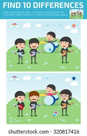 find differences,Game for kids ,find differences,Brain games, children game, Educational Game for Preschool Children,  four kids in a music band, Vector Illustration,