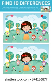 find differences,Game for kids ,find differences,Brain games, children game, Educational Game for Preschool Children, Vector Illustration, snow white and the seven dwarfs,  kids game, children game