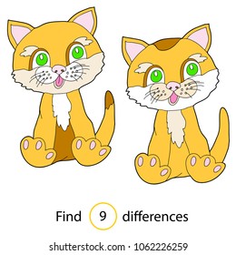 Find differenses, educational game for children. Red-haired kitten. Hand drawn. Colored Vector illustration.