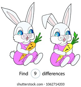 Find differenses,  educational game for children. A hare with a carrot. Hand drawn. Color vector illustration.