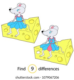 Find differenses, educational game for children. Mouse and cheese. Hand drawn. Colored Vector illustration.