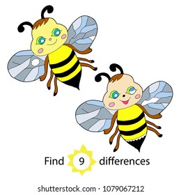 Find differenses, educational game for children.  Funny bee,  hand drawn. Colored Vector illustration.