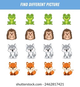 Find different animal in each row. Logical game for kids. 
Cartoon hedgehog, fox, frog, wolf. Forest character.  Vector illustration
