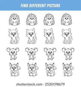 Find different animal in each row. Logical game for kids. Cartoon hedgehog, mouse, squirrel, wolf. Forest character.  Vector illustration