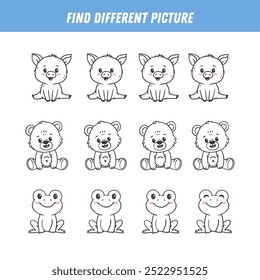 Find different animal in each row. Logical game for kids. Cartoon pig, bear, frog. Vector illustration