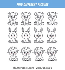 Find different animal in each row. Logical game for kids. Cartoon dog, bunny, lamb. Vector illustration