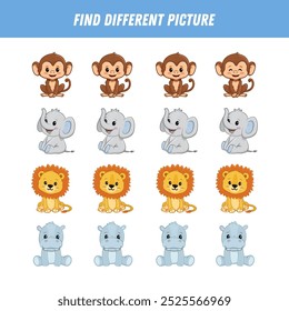 Find different animal picture in each row. Logical game for kids. Cartoon lion, monkey, elephant, hippo. Vector illustration
