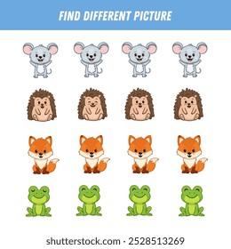 Find different animal picture in each row. Logical game for kids. Cartoon fox, mouse, frog, hedgehog. Vector illustration
