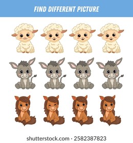 Find different animal picture in each row. Logical game for kids. Cartoon sheep, donkey, horse. Vector illustration
