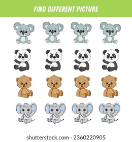 Finden Sie in jeder Reihe verschiedene Tiere. Logisches Spiel für Kinder. Cartoon koala, Panda, Teddybär, Elefant.  Vektorgrafik