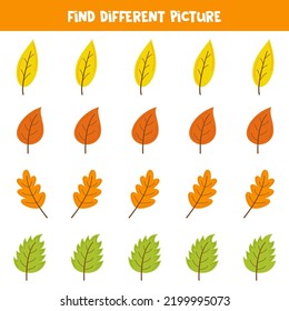 Encontrar diferentes hojas de otoño en cada fila. Juego lógico para niños.