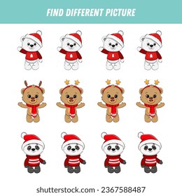 Find different bear in each row. Logical game for kids. Cartoon cute panda, teddy bear, polar bear. Christmas game. Vector