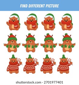 Find different bear in each row. Christmas Logical game for kids. Cartoon tedy bear in flat style. Vector
