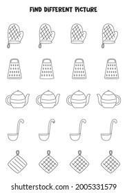 Encontrar diferentes utensilios de cocina en blanco y negro en cada fila. Juego lógico para niños de preescolar.