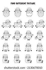 Finden Sie in jeder Reihe ein anderes schwarz-weißes Lamm. Logisches Spiel für Vorschulkinder.