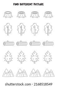 Find different black and white picture in each row. Logical game for preschool kids.