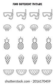 Find different black and white summer picture in each row. Logical game for preschool kids.