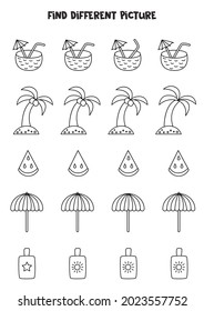 Find different black and white summer picture in each row. Logical game for preschool kids.