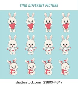 Encontrar un conejo diferente en cada fila. Juego lógico para niños. Caricatura lindo conejo con corazón. Ilustración del vector