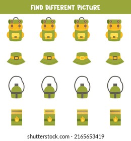 Find different camping object in each row. Logical game for kids.