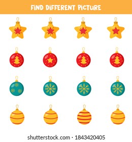 Find different Christmas ball in each row. Logical game for kids.