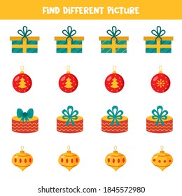 Find different Christmas ball and present in each group. Educational logical game for kids.