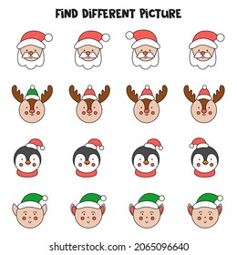 Find different Christmas character in each row. Logical game for preschool kids.
