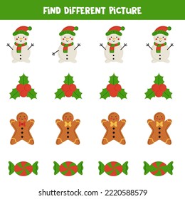 Find different Christmas element in each row. Logical game for kids.