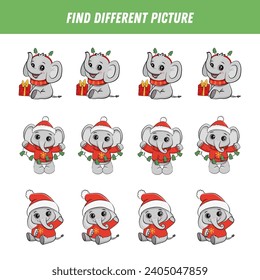 Find different elephant in each row. Logical game for kids. Cartoon cute elephant in santa hat. Winter Christmas game. Xmas activity. Vector