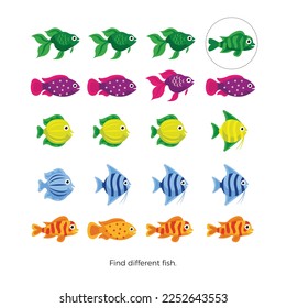 Find the different fish activity for preschoolers. Vector design.