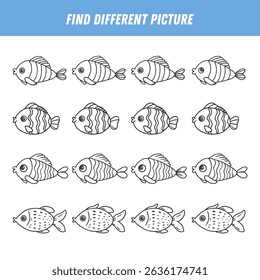 Find different fish each row. Logical game for kids. Cartoon fish in doodle style. Vector
