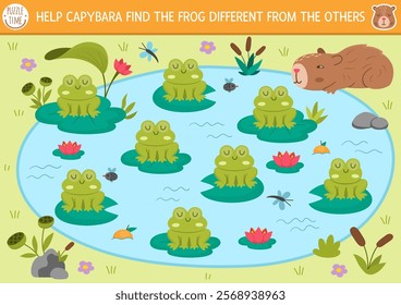 Find different frog in the pond. Capibara matching activity for children. Educational quiz worksheet for kids for attention skills. Simple printable game with cute capybara searching for toad