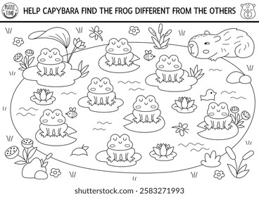 Find different frog in the pond. Capibara black and white matching activity for children. Educational line quiz worksheet for kid. Printable game, coloring page with cute capybara searching for toad
