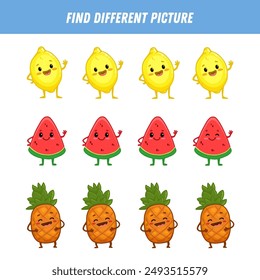 Find different fruit each row. Logical game for kids. Cartoon character. Lemon, slice of watermelon, pineapple. Flat style. Vector illustration
