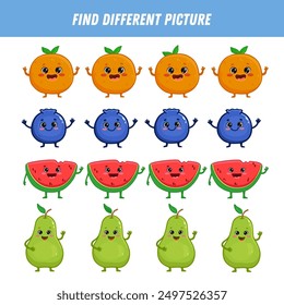 Find different fruit each row. Logical game for kids. Cartoon character. Orange,pear, blueberry, watermelon. Flat style. Vector illustration

