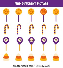 Encuentra diferentes dulces de Halloween en cada fila. Juego lógico para niños.