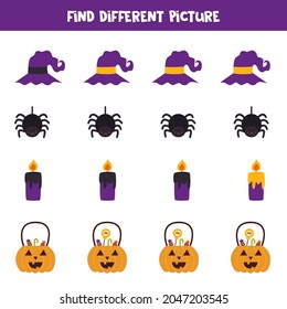 Find different Halloween picture in each row. Logical game for preschool kids.