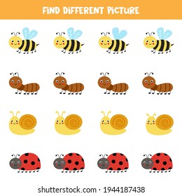 Find different insect in each row. Logical game for preschool kids.