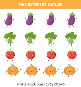 Find the different kawaii vegetables in each row. Cute cartoon eggplant, tomato, broccoli, pumpkin. Logical worksheet for children. Printable game.