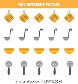 Find different kitchen utensil in each row. Logical game for preschool kids.