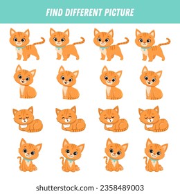 Find different kitten in each row. Logical game for kids. Cartoon cat. Vector