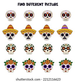 Find different Mexican skull in each row. Logical game for kids.