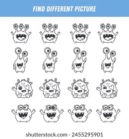Find different monster each row. Logical game for kids. Cartoon monster. Doodle. Vector
