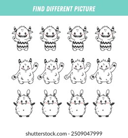 Find different monster in each row. Logical game for kids. Cartoon alien. Doodle. Vector coloring
