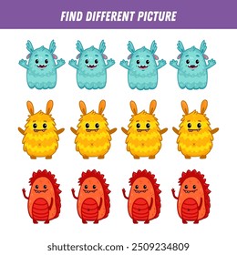 Encuentra diferentes monstruos en cada fila. Juego lógico para niños. Caricatura. Doodle. Ilustración vectorial
